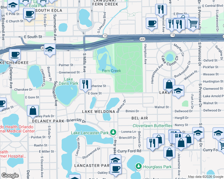 map of restaurants, bars, coffee shops, grocery stores, and more near 1509 East Gore Street in Orlando