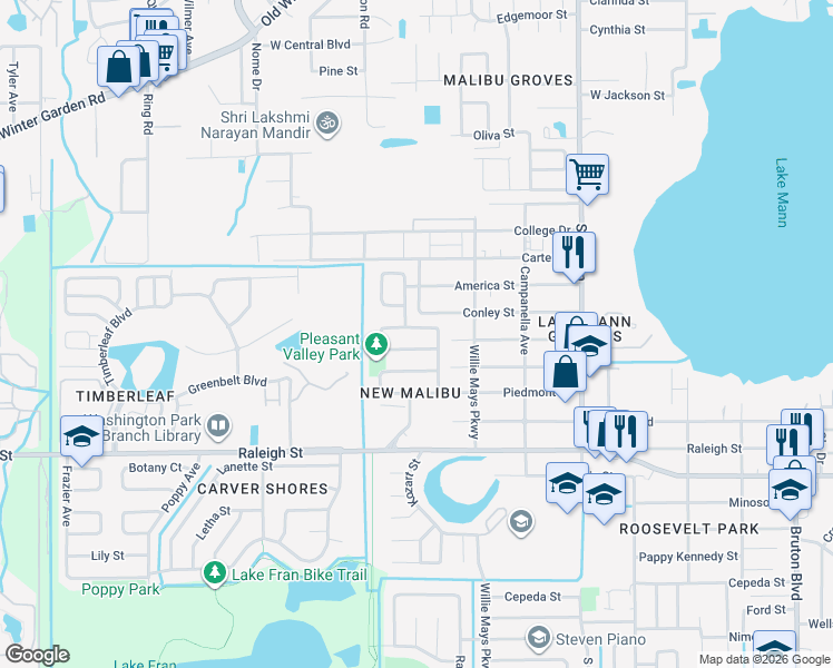 map of restaurants, bars, coffee shops, grocery stores, and more near 4691 Pleasant Valley Court in Orlando