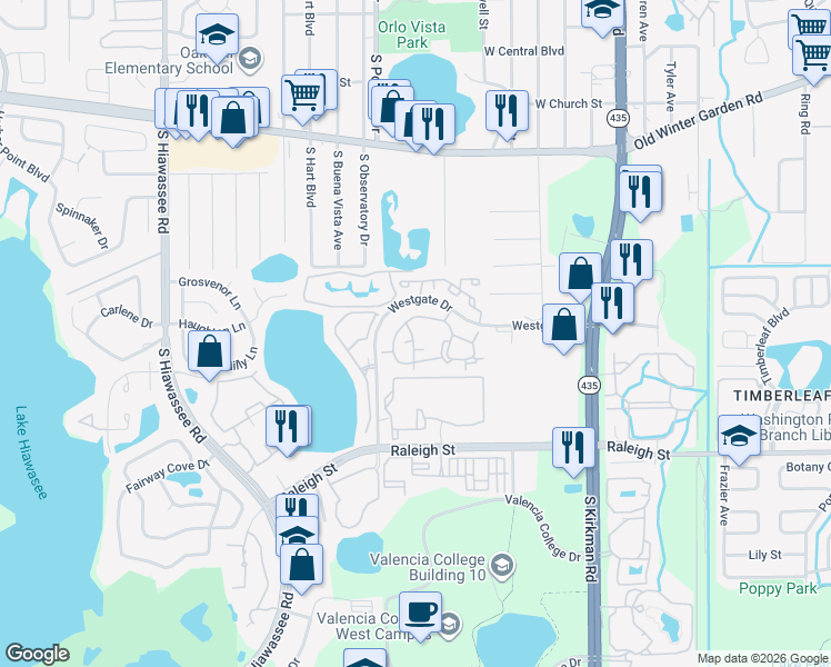 map of restaurants, bars, coffee shops, grocery stores, and more near 6118 Westgate Drive in Orlando