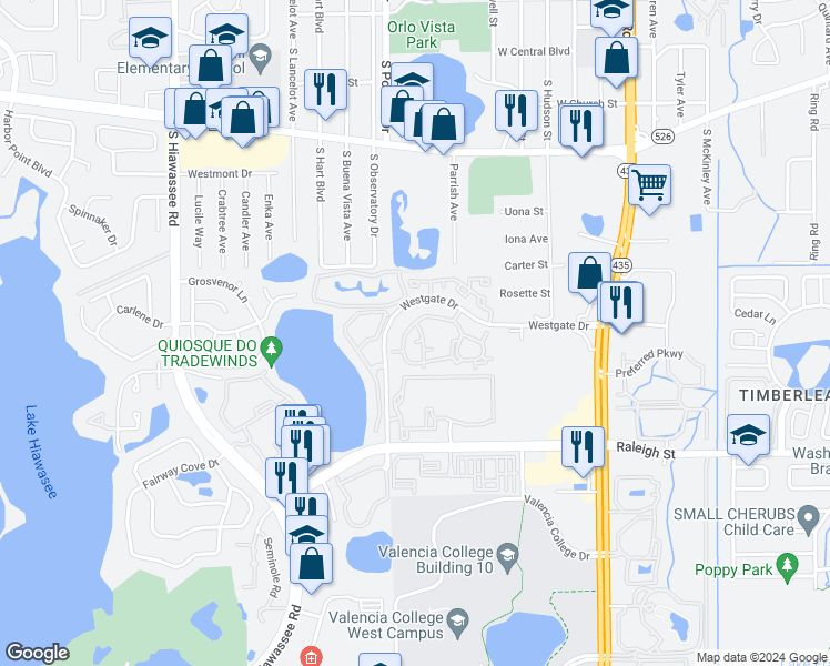 map of restaurants, bars, coffee shops, grocery stores, and more near 6118 Westgate Drive in Orlando