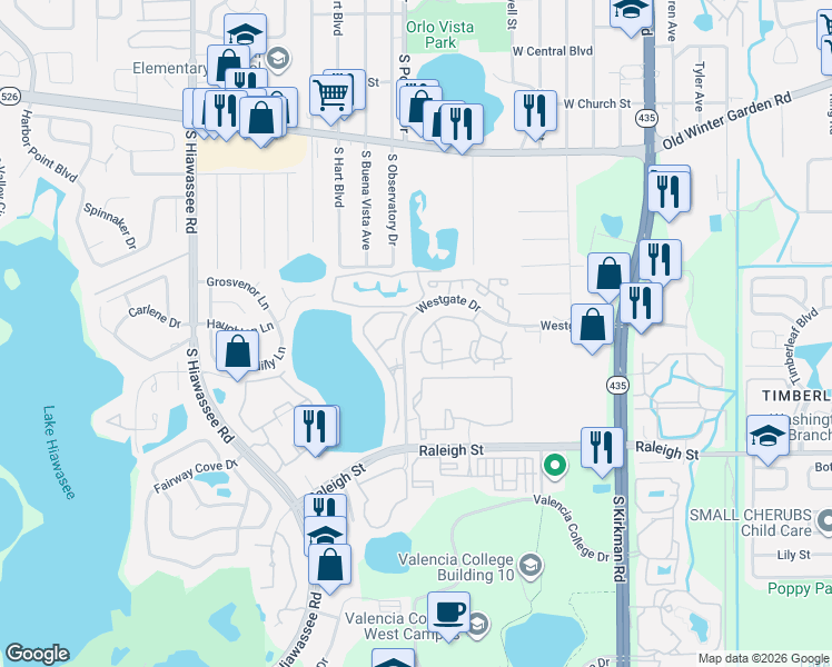 map of restaurants, bars, coffee shops, grocery stores, and more near 6118 Westgate Drive in Orlando