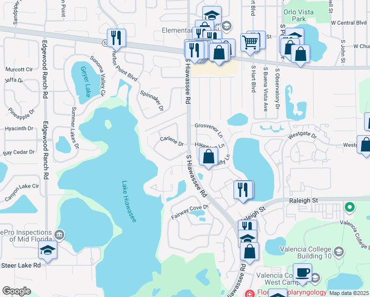 map of restaurants, bars, coffee shops, grocery stores, and more near 6620 Piccadilly Lane in Orlando