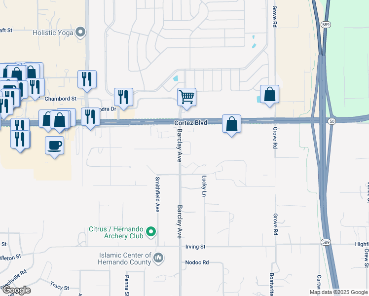 map of restaurants, bars, coffee shops, grocery stores, and more near 7110 Barclay Avenue in Brooksville