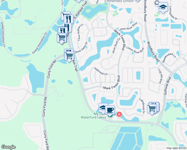 map of restaurants, bars, coffee shops, grocery stores, and more near 518 Hallowell Circle in Orlando