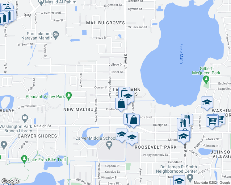 map of restaurants, bars, coffee shops, grocery stores, and more near 4437 Cypress Street in Orlando