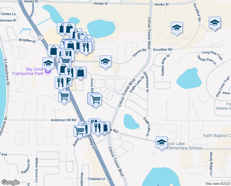 map of restaurants, bars, coffee shops, grocery stores, and more near 2530 Citrus Tower Boulevard in Clermont