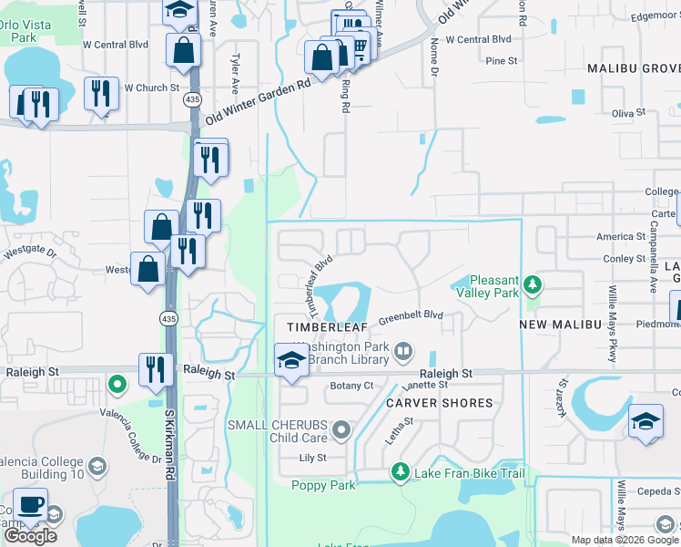 map of restaurants, bars, coffee shops, grocery stores, and more near 5353 Vista Lago Drive in Orlando