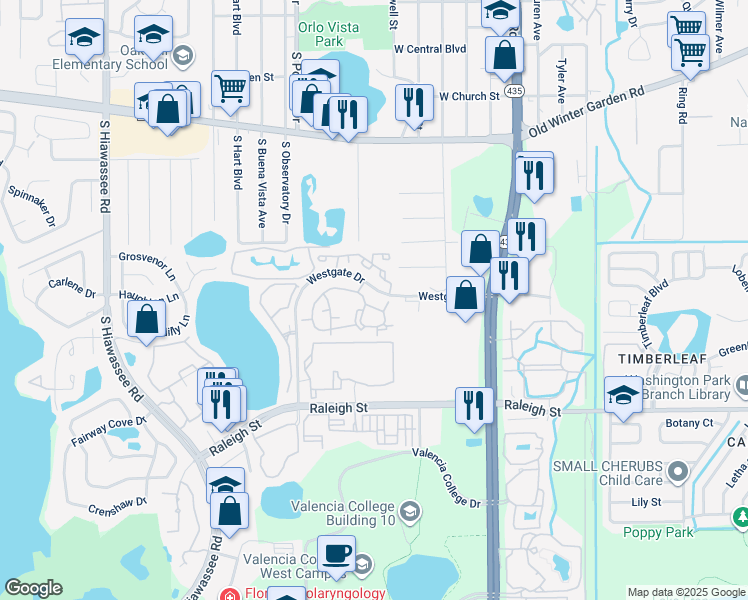 map of restaurants, bars, coffee shops, grocery stores, and more near 6034 Westgate Drive in Orlando