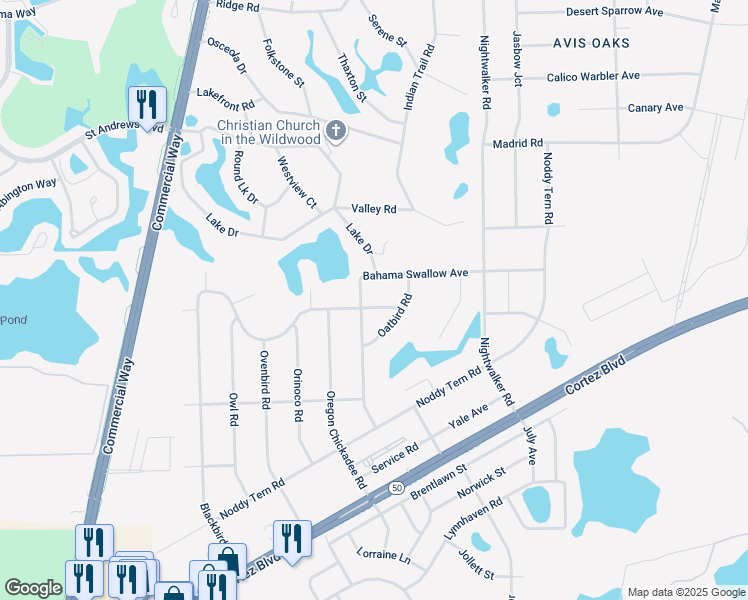 map of restaurants, bars, coffee shops, grocery stores, and more near 7441 Blackbird Avenue in Weeki Wachee