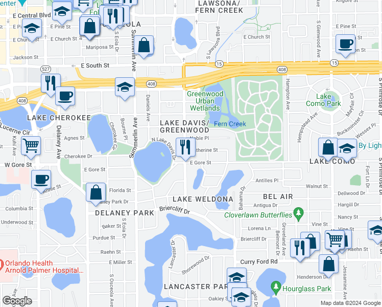 map of restaurants, bars, coffee shops, grocery stores, and more near 1210 Catherine Street in Orlando