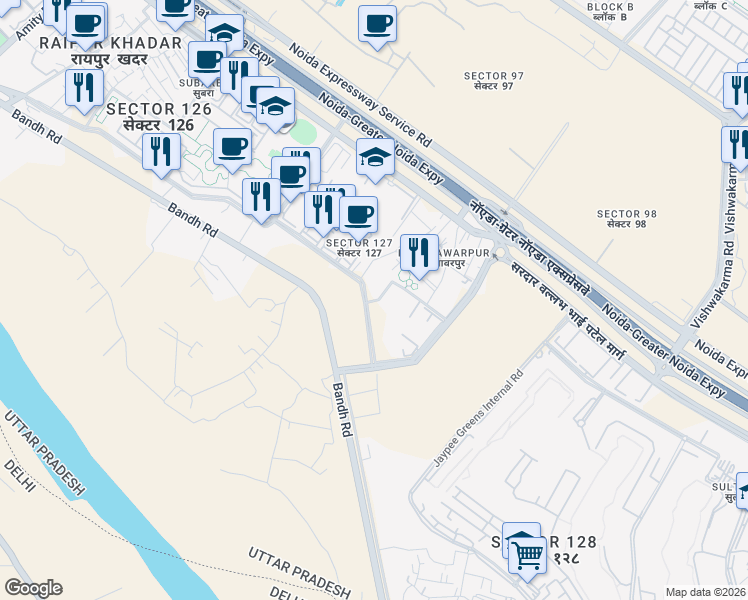 map of restaurants, bars, coffee shops, grocery stores, and more near 15a Bandh Road in Noida