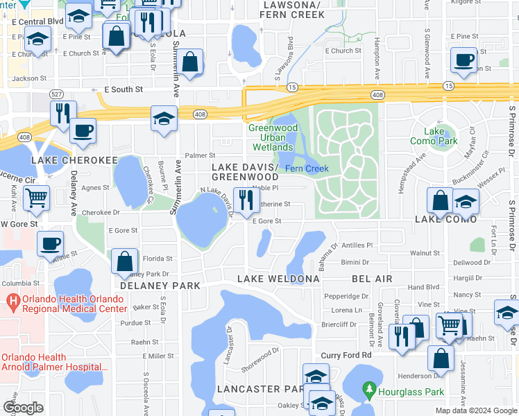 map of restaurants, bars, coffee shops, grocery stores, and more near 1221 East Gore Street in Orlando