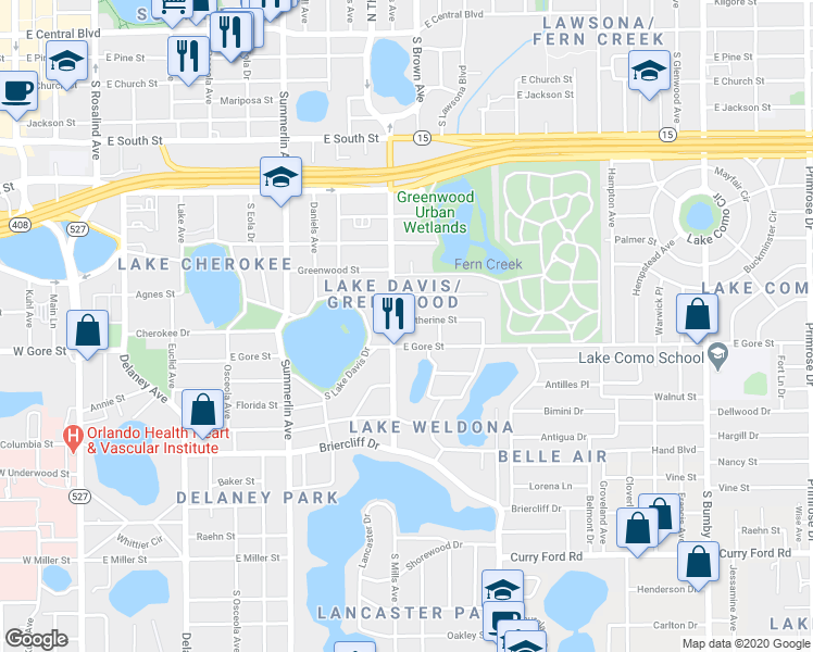 map of restaurants, bars, coffee shops, grocery stores, and more near 1221 East Gore Street in Orlando