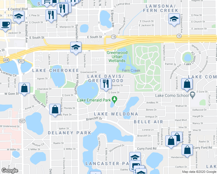 map of restaurants, bars, coffee shops, grocery stores, and more near 1221 East Gore Street in Orlando