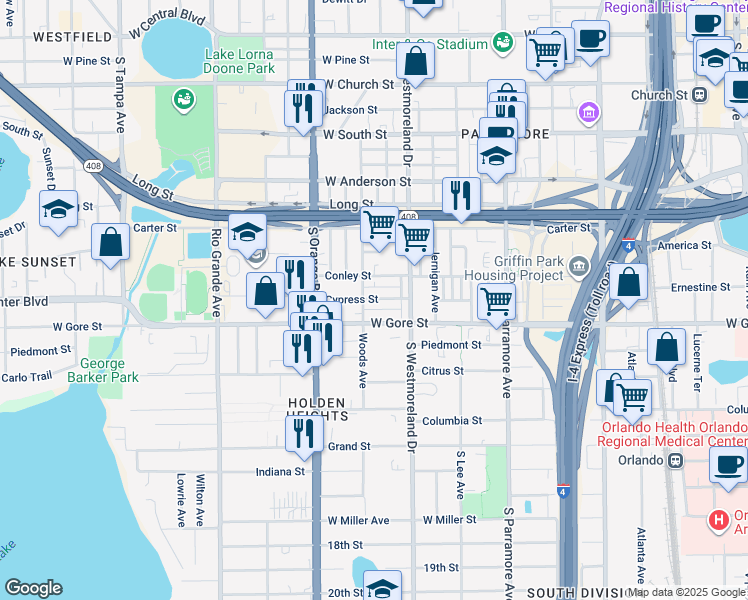 map of restaurants, bars, coffee shops, grocery stores, and more near 1033 West Gore Street in Orlando