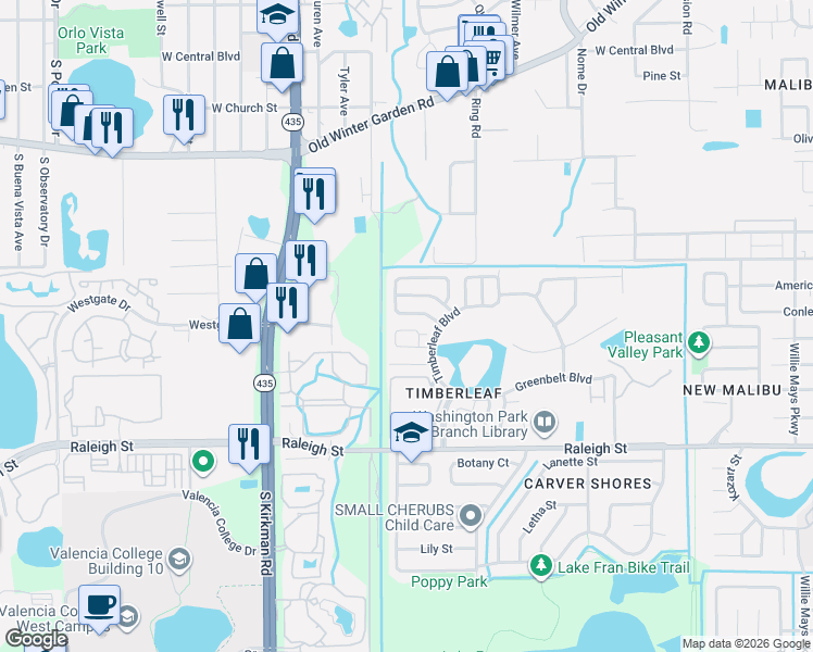 map of restaurants, bars, coffee shops, grocery stores, and more near 5452 Bayberry Homes Road in Orlando