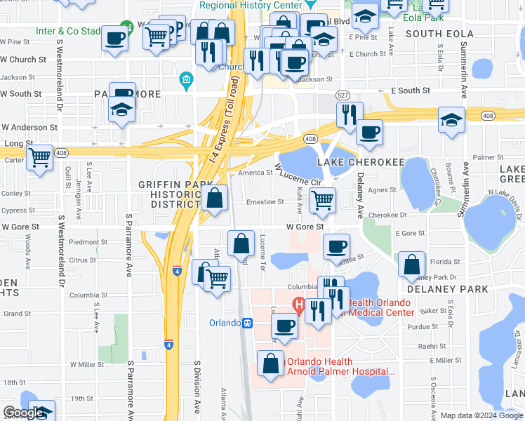 map of restaurants, bars, coffee shops, grocery stores, and more near 813 Menendez Court in Orlando