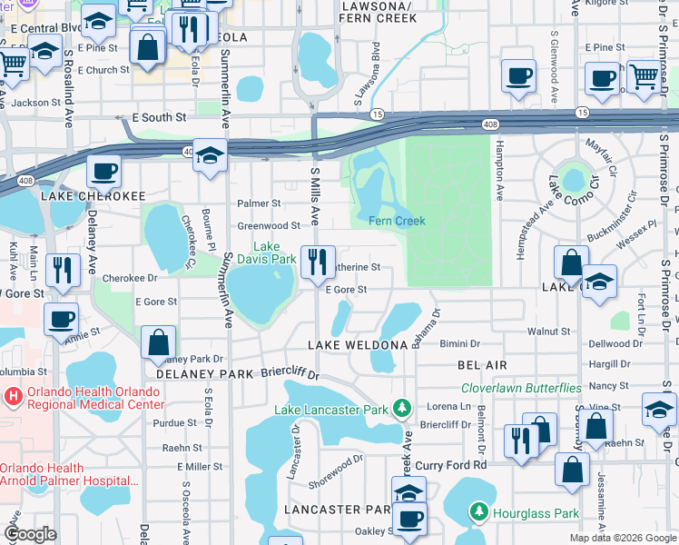 map of restaurants, bars, coffee shops, grocery stores, and more near 1221 East Gore Street in Orlando