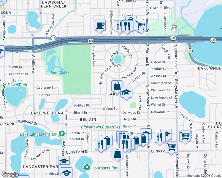 map of restaurants, bars, coffee shops, grocery stores, and more near in Orlando