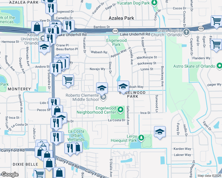 map of restaurants, bars, coffee shops, grocery stores, and more near 2 Shenandoah Way in Orlando