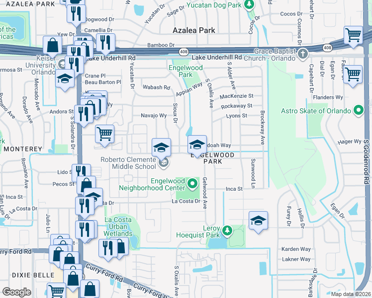 map of restaurants, bars, coffee shops, grocery stores, and more near 2 Shenandoah Way in Orlando
