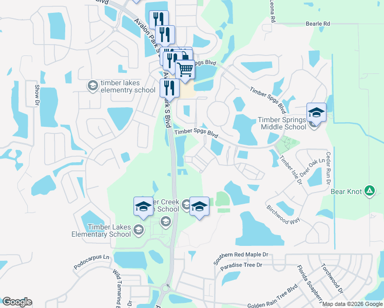 map of restaurants, bars, coffee shops, grocery stores, and more near 16703 Cedar Crest Drive in Orlando
