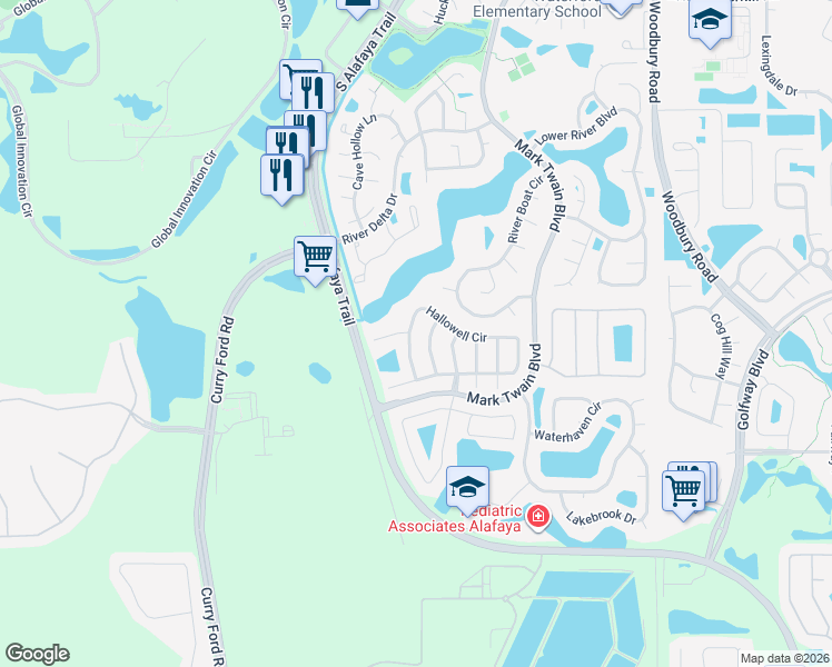 map of restaurants, bars, coffee shops, grocery stores, and more near 518 Hallowell Circle in Orlando