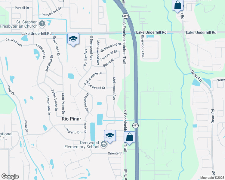 map of restaurants, bars, coffee shops, grocery stores, and more near 734 Pine Meadows Road in Orlando