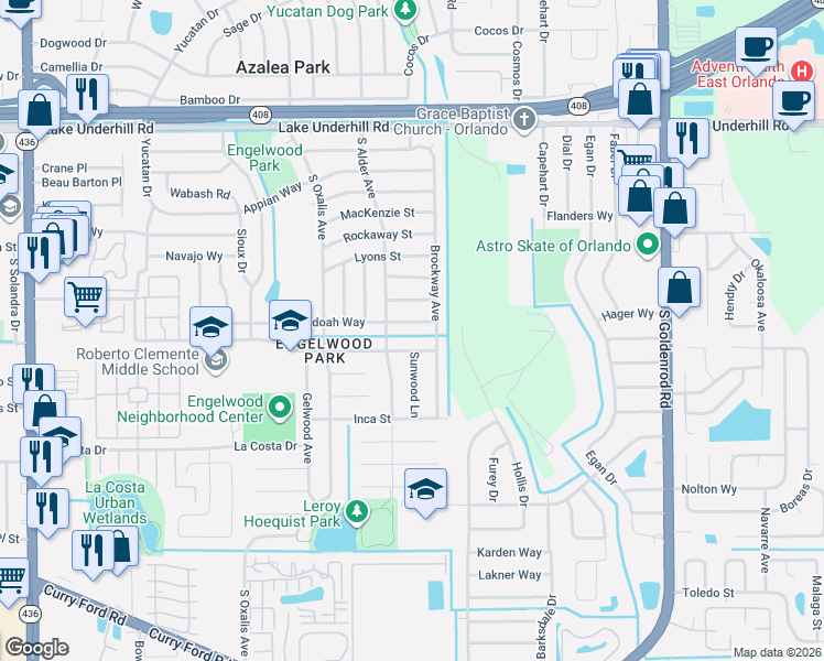 map of restaurants, bars, coffee shops, grocery stores, and more near 6431 Kearce Street in Orlando