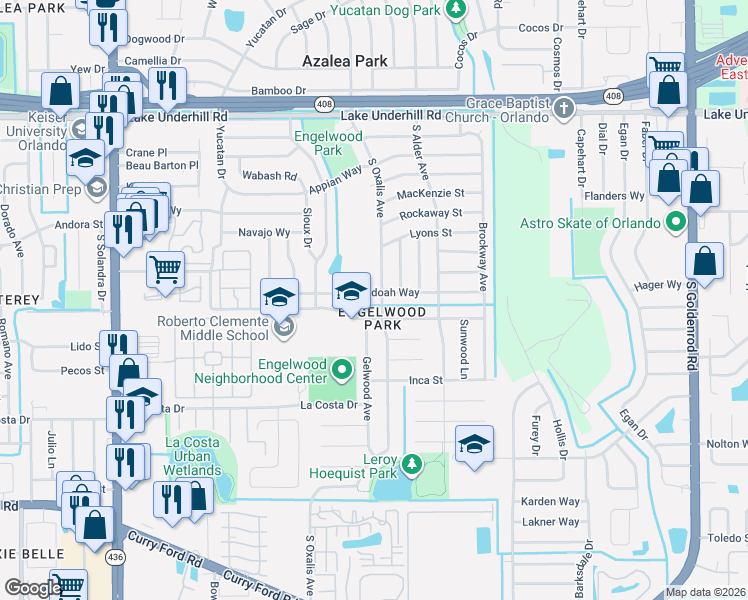 map of restaurants, bars, coffee shops, grocery stores, and more near 6203 Roberto Clemente Road in Orlando