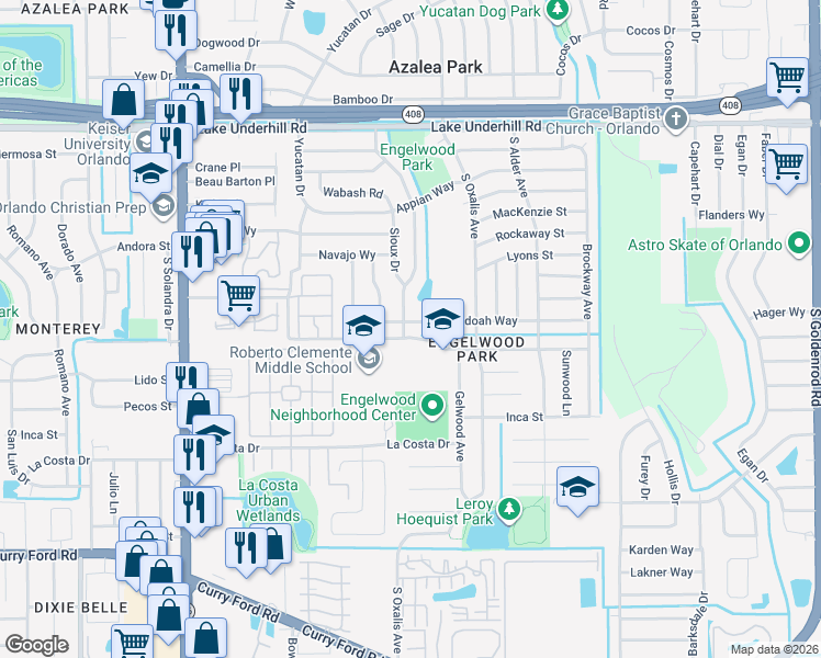 map of restaurants, bars, coffee shops, grocery stores, and more near 2 Shenandoah Way in Orlando