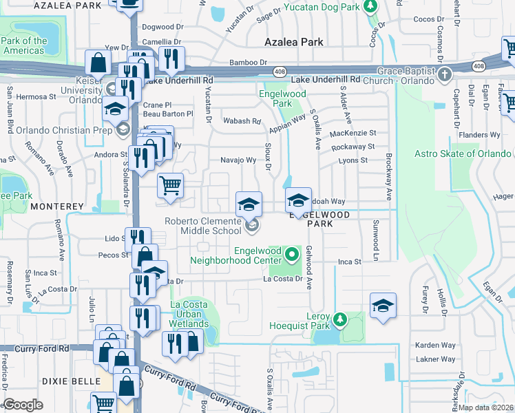 map of restaurants, bars, coffee shops, grocery stores, and more near 1110 Romano Avenue in Orlando
