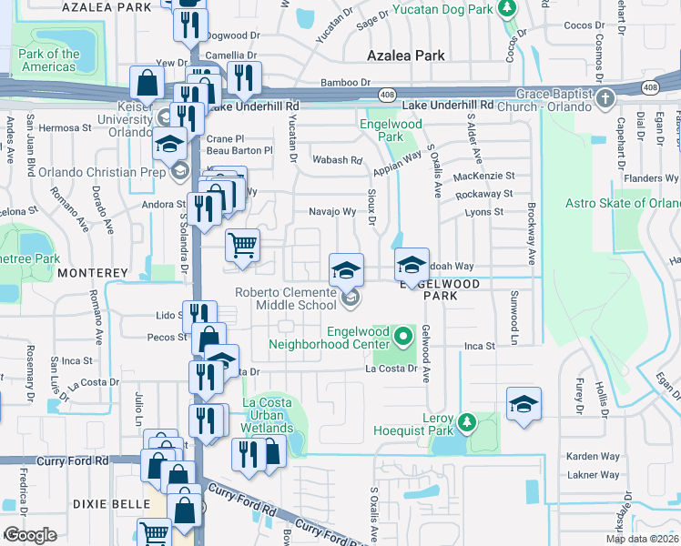 map of restaurants, bars, coffee shops, grocery stores, and more near 1110 Romano Avenue in Orlando