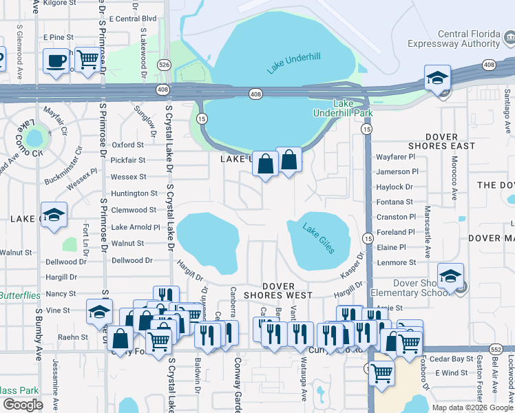 map of restaurants, bars, coffee shops, grocery stores, and more near 877 Strathmore Drive in Orlando