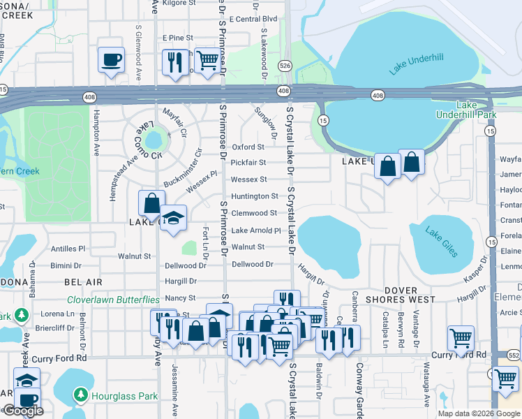 map of restaurants, bars, coffee shops, grocery stores, and more near 3012 Clemwood Street in Orlando