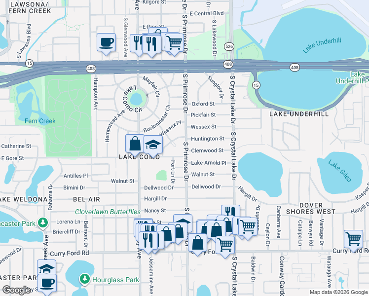 map of restaurants, bars, coffee shops, grocery stores, and more near 2721 East Gore Street in Orlando