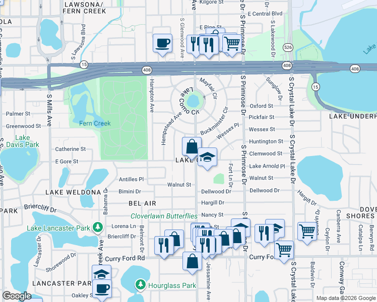 map of restaurants, bars, coffee shops, grocery stores, and more near in Orlando