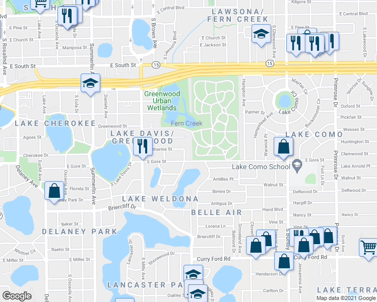 map of restaurants, bars, coffee shops, grocery stores, and more near 1509 East Gore Street in Orlando