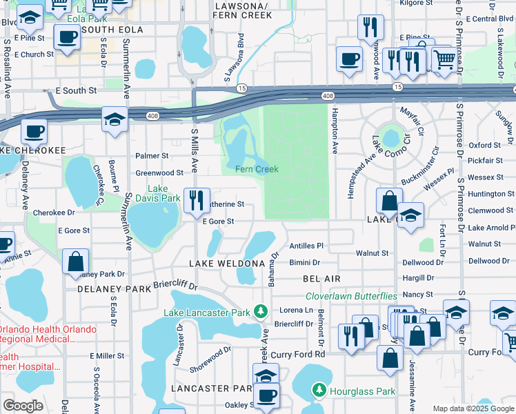map of restaurants, bars, coffee shops, grocery stores, and more near 1509 East Gore Street in Orlando