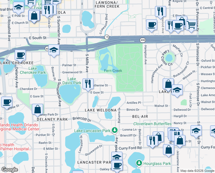 map of restaurants, bars, coffee shops, grocery stores, and more near 1419 East Gore Street in Orlando