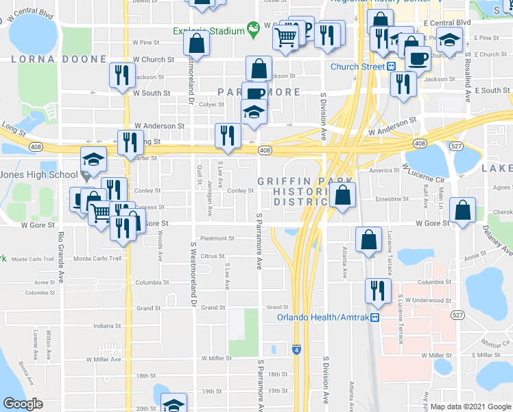 map of restaurants, bars, coffee shops, grocery stores, and more near 841 South Parramore Avenue in Orlando