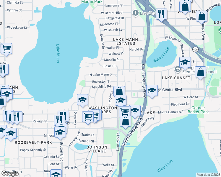 map of restaurants, bars, coffee shops, grocery stores, and more near 3310 Rogers Drive in Orlando