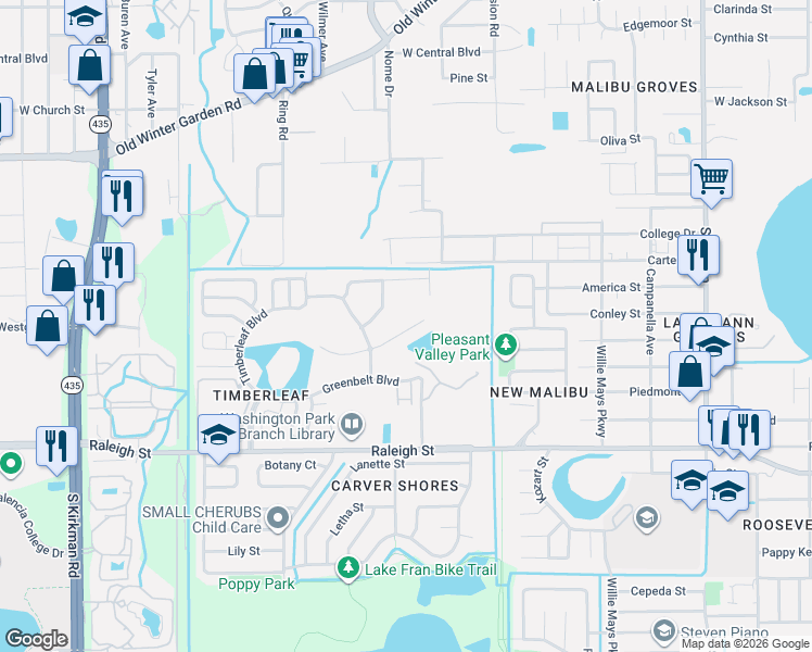 map of restaurants, bars, coffee shops, grocery stores, and more near 4902 Timberleaf Boulevard in Orlando
