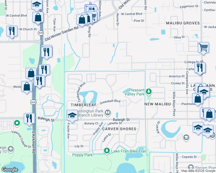 map of restaurants, bars, coffee shops, grocery stores, and more near 5133 Vista Lago Drive in Orlando
