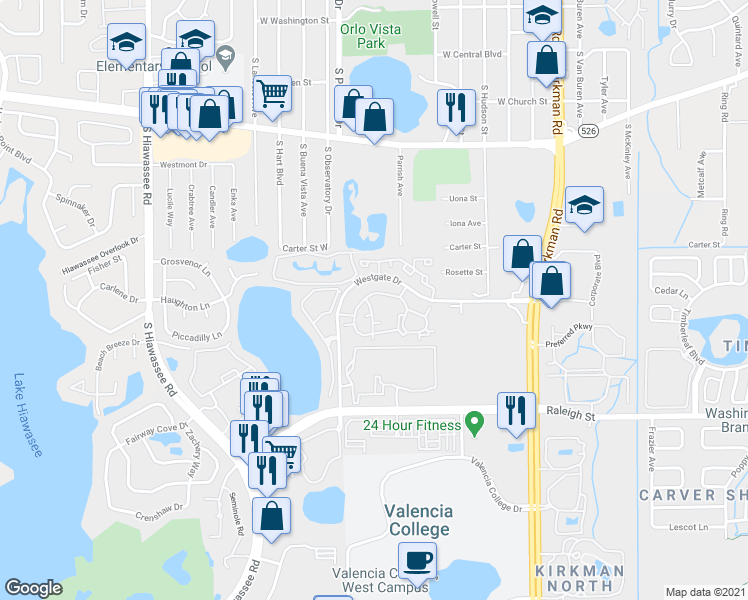 map of restaurants, bars, coffee shops, grocery stores, and more near 6118 Westgate Drive in Orlando