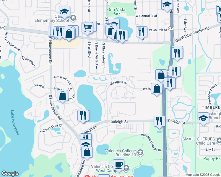 map of restaurants, bars, coffee shops, grocery stores, and more near 6118 Westgate Drive in Orlando