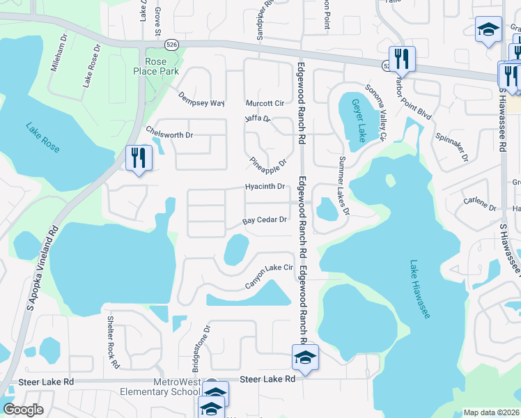 map of restaurants, bars, coffee shops, grocery stores, and more near 7806 Bay Cedar Drive in Orlando