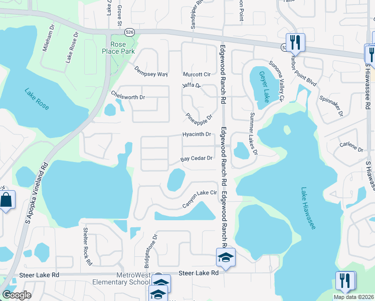 map of restaurants, bars, coffee shops, grocery stores, and more near 1002 Casasia Drive in Orlando