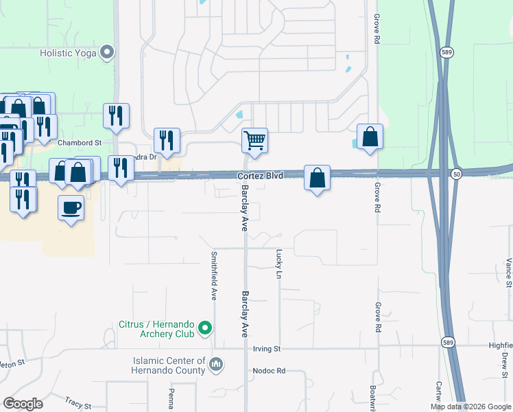 map of restaurants, bars, coffee shops, grocery stores, and more near 7110 Barclay Avenue in Brooksville