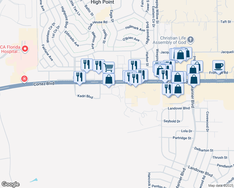map of restaurants, bars, coffee shops, grocery stores, and more near 12260 Cortez Boulevard in Brooksville